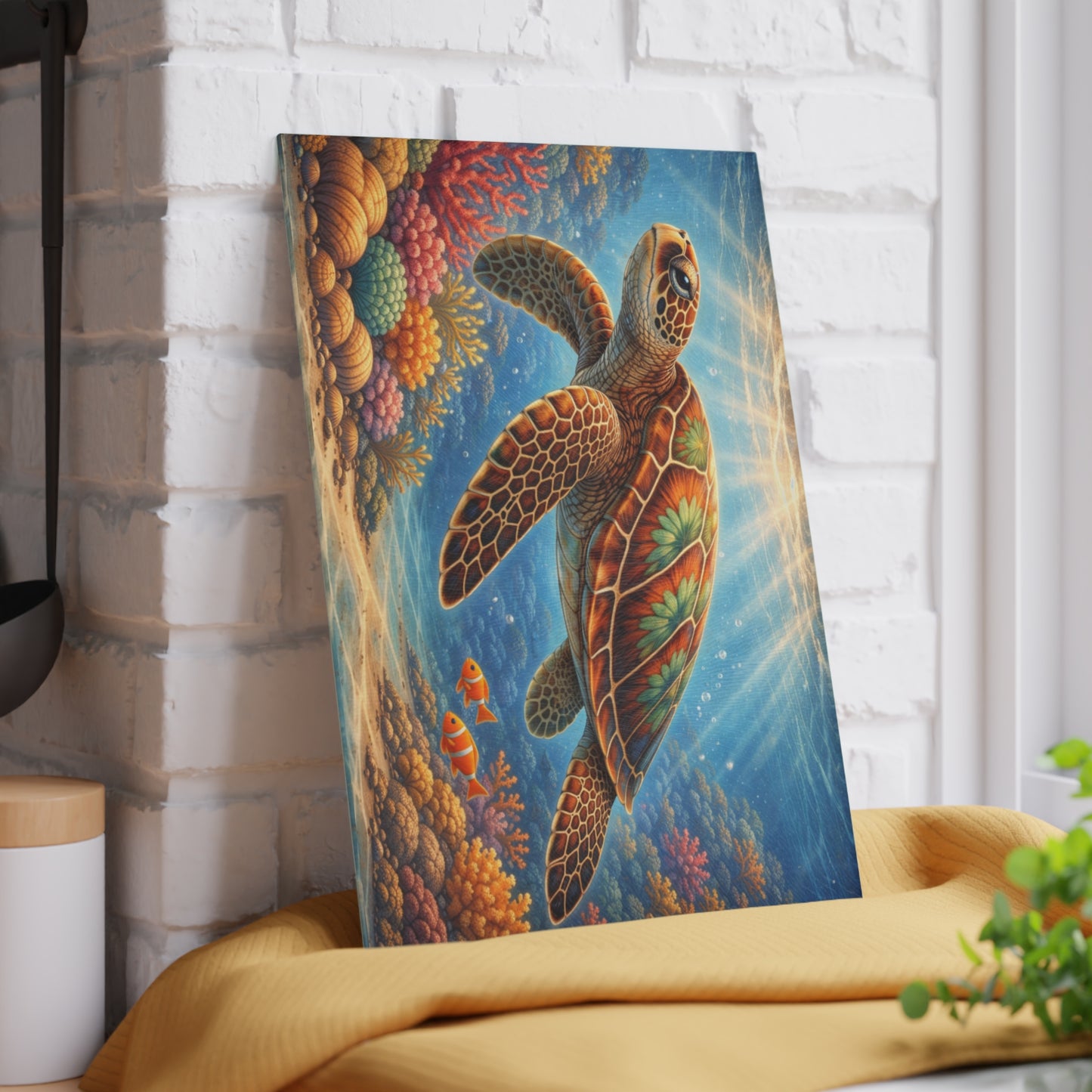 Colorful Sea Turtle Glass Cutting Board – Vibrant Underwater Ocean Reef Kitchen Art