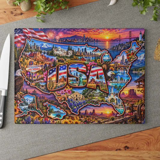 USA Map Cutting Board – Colorful American Landmarks, Patriotic Flag, National Parks & Scenic United States Kitchen Décor