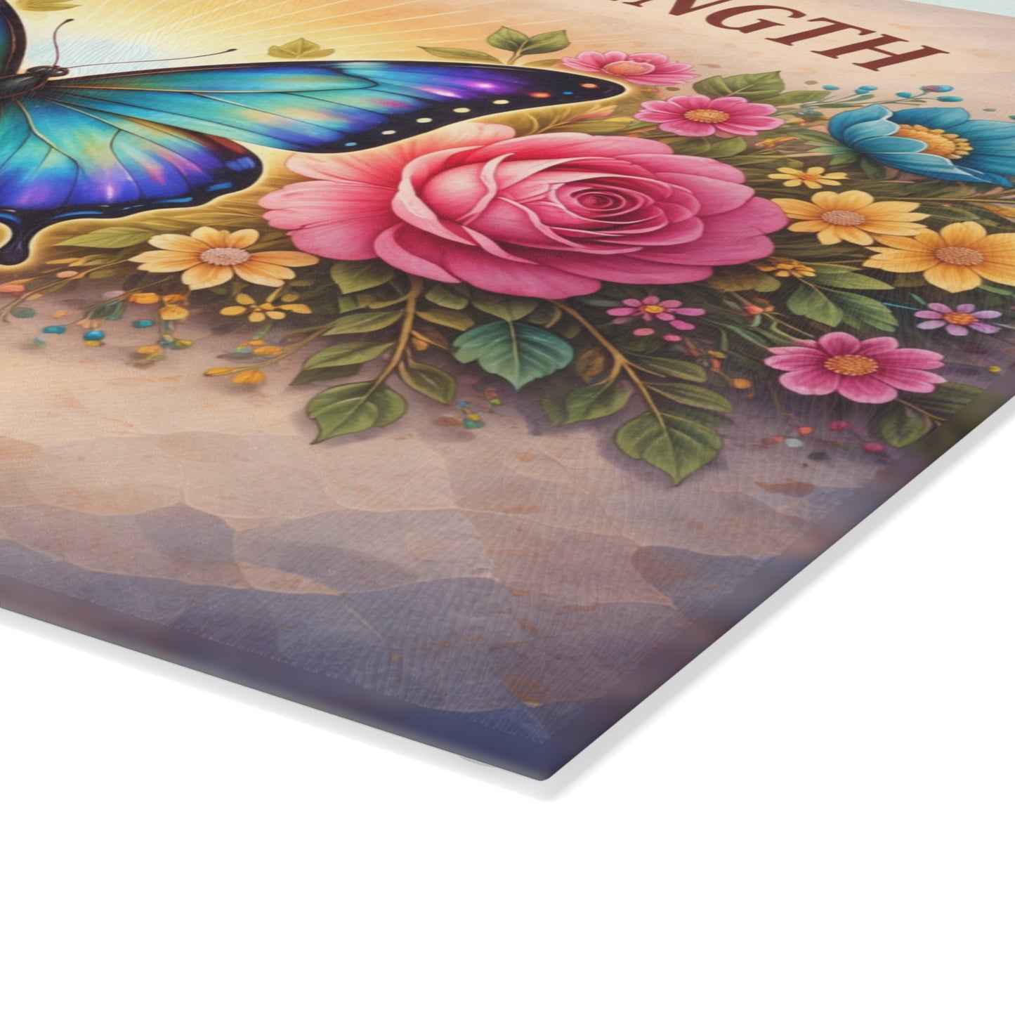 God Is My Strength Glass Cutting Board – Faith Butterfly Floral Christian Kitchen Display