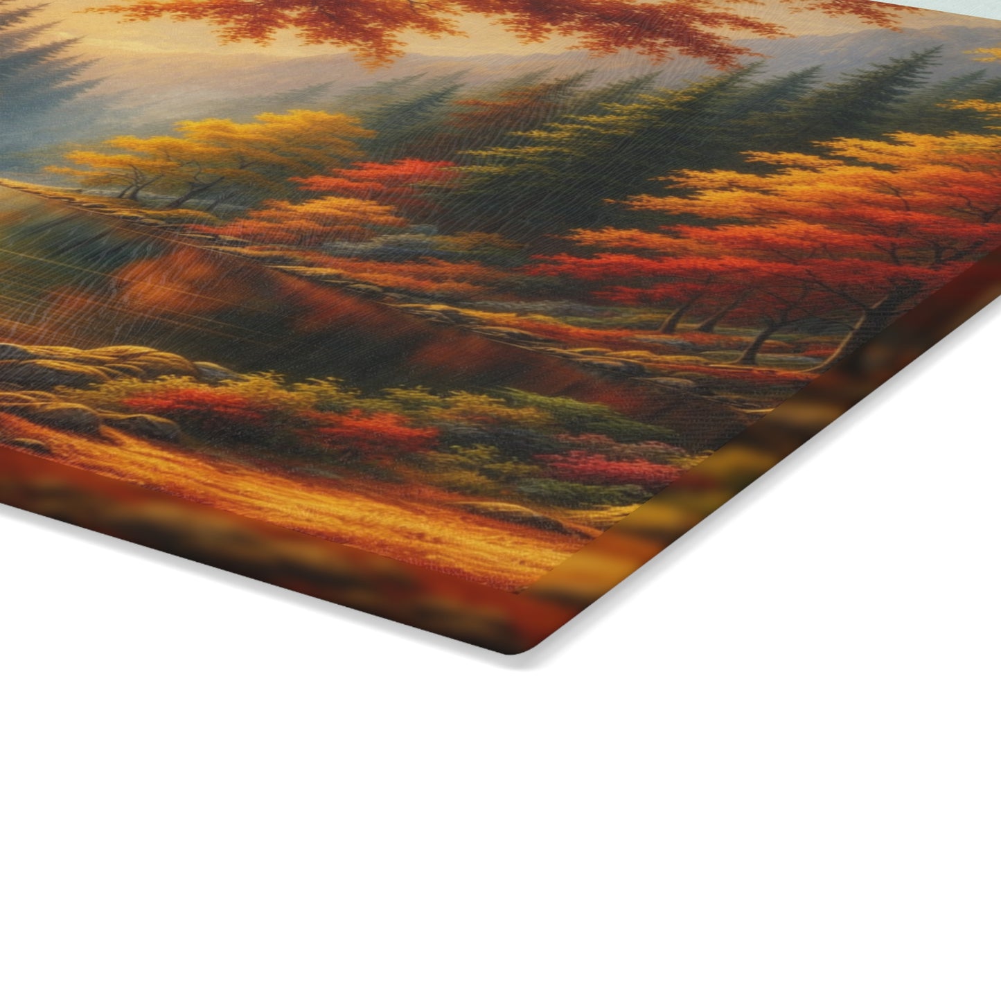 Autumn Forest Lake Glass Cutting Board – Warm Fall Landscape Kitchen Art