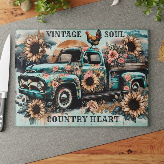 🚜🌻 Vintage Soul Country Heart Cutting Board – Rustic Truck & Sunflower Charm 🐓🌹