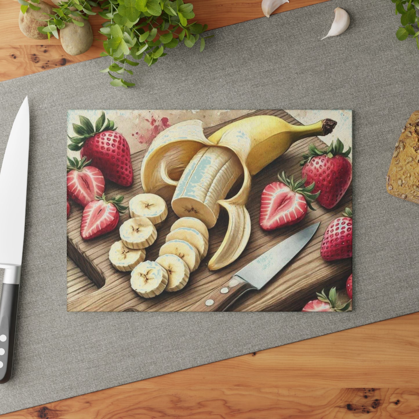 Tabla de cortar de vidrio templado para exhibición de frutas con una vibrante variedad de frutas frescas