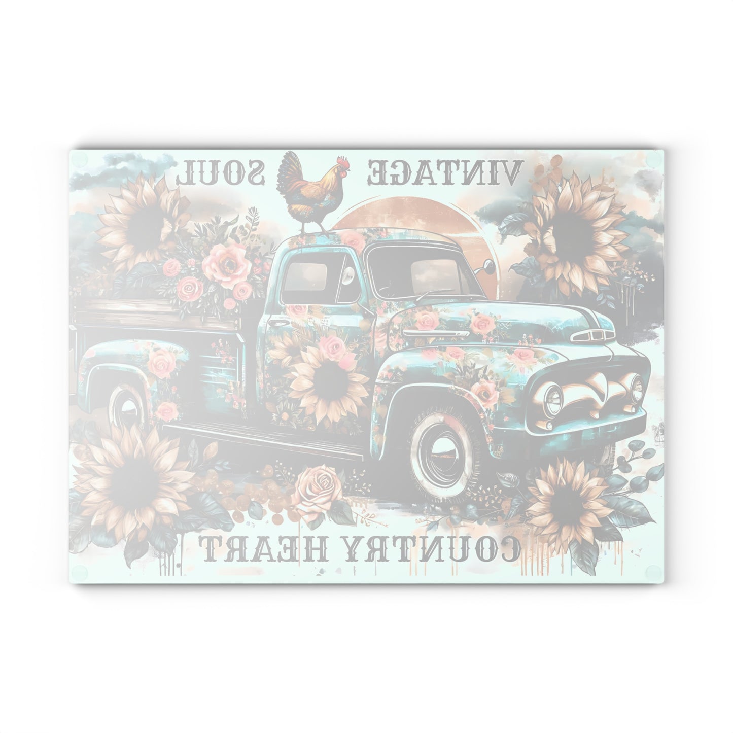 🚜🌻 Vintage Soul Country Heart Cutting Board – Rustic Truck & Sunflower Charm 🐓🌹