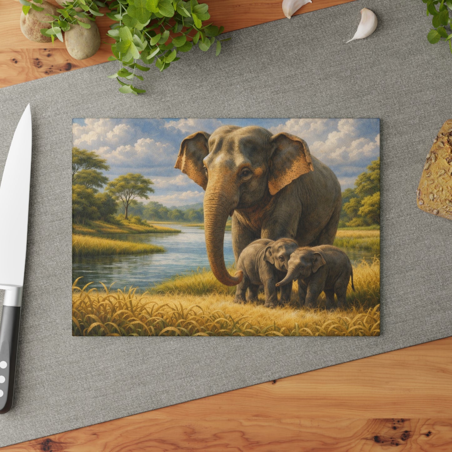 Elephant Family River Meadow Glass Cutting Board – Peaceful Wildlife Landscape Kitchen Art