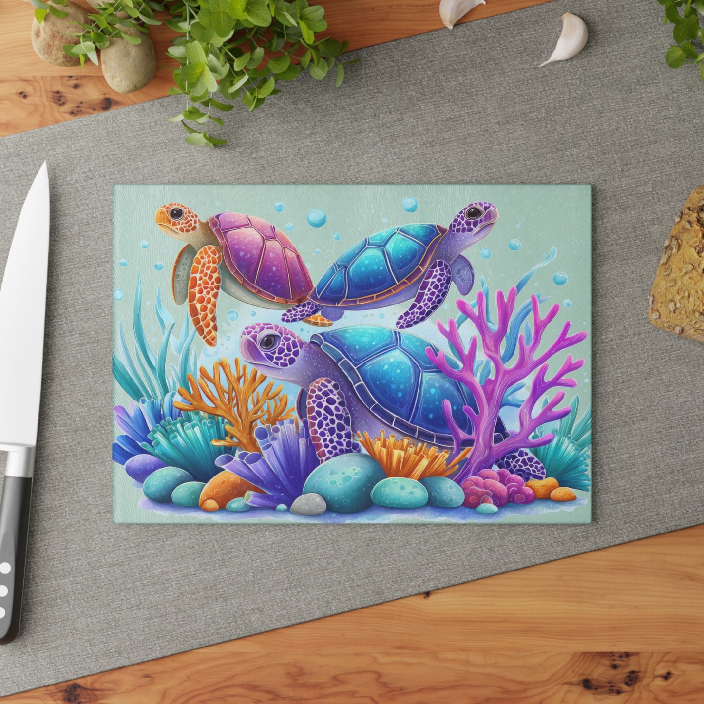 Tabla de cortar con tres tortugas marinas de colores: la alegría del océano se fusiona con la magia submarina