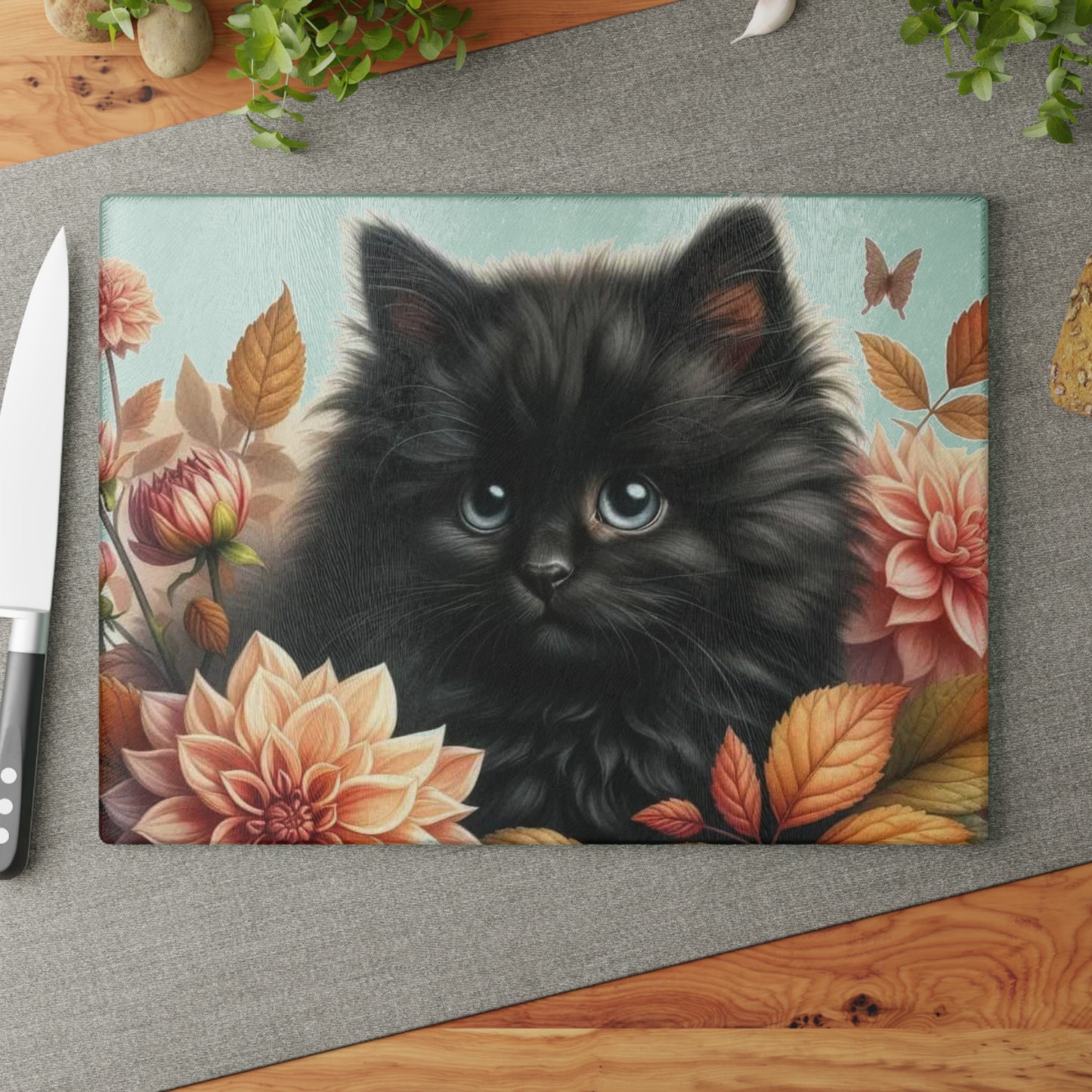 🐾 Autumn Kitten – Black Cat & Dahlia Art Tempered Glass Cutting Board