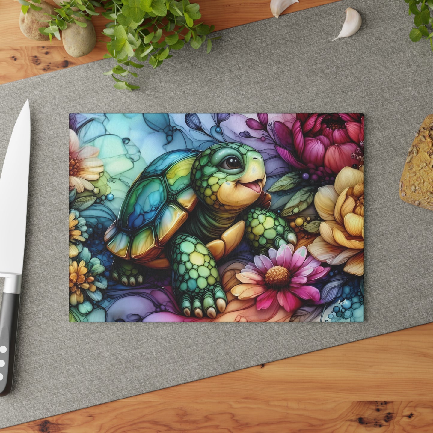 Tortoise in Bloom Glass Cutting Board – Floral Wildlife Kitchen Art