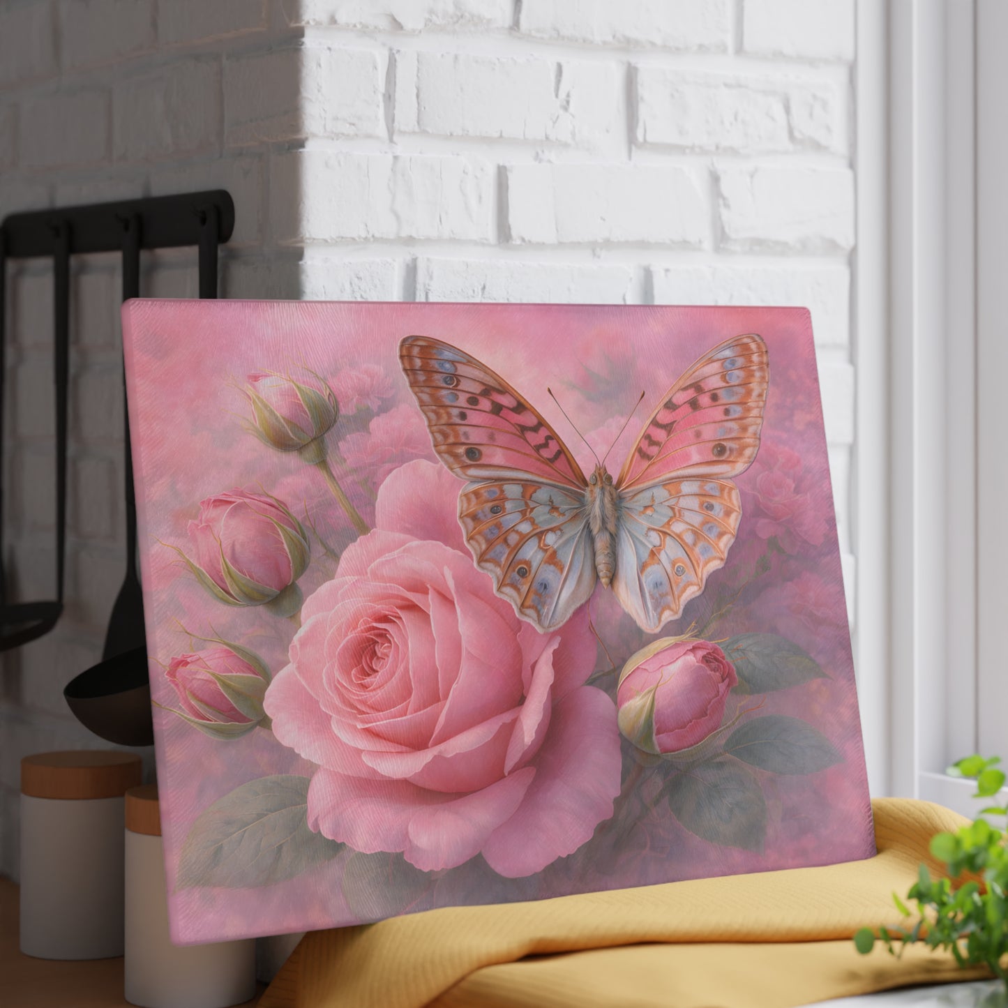 Pink Rose & Butterfly Glass Cutting Board – Romantic Floral Butterfly Kitchen Art