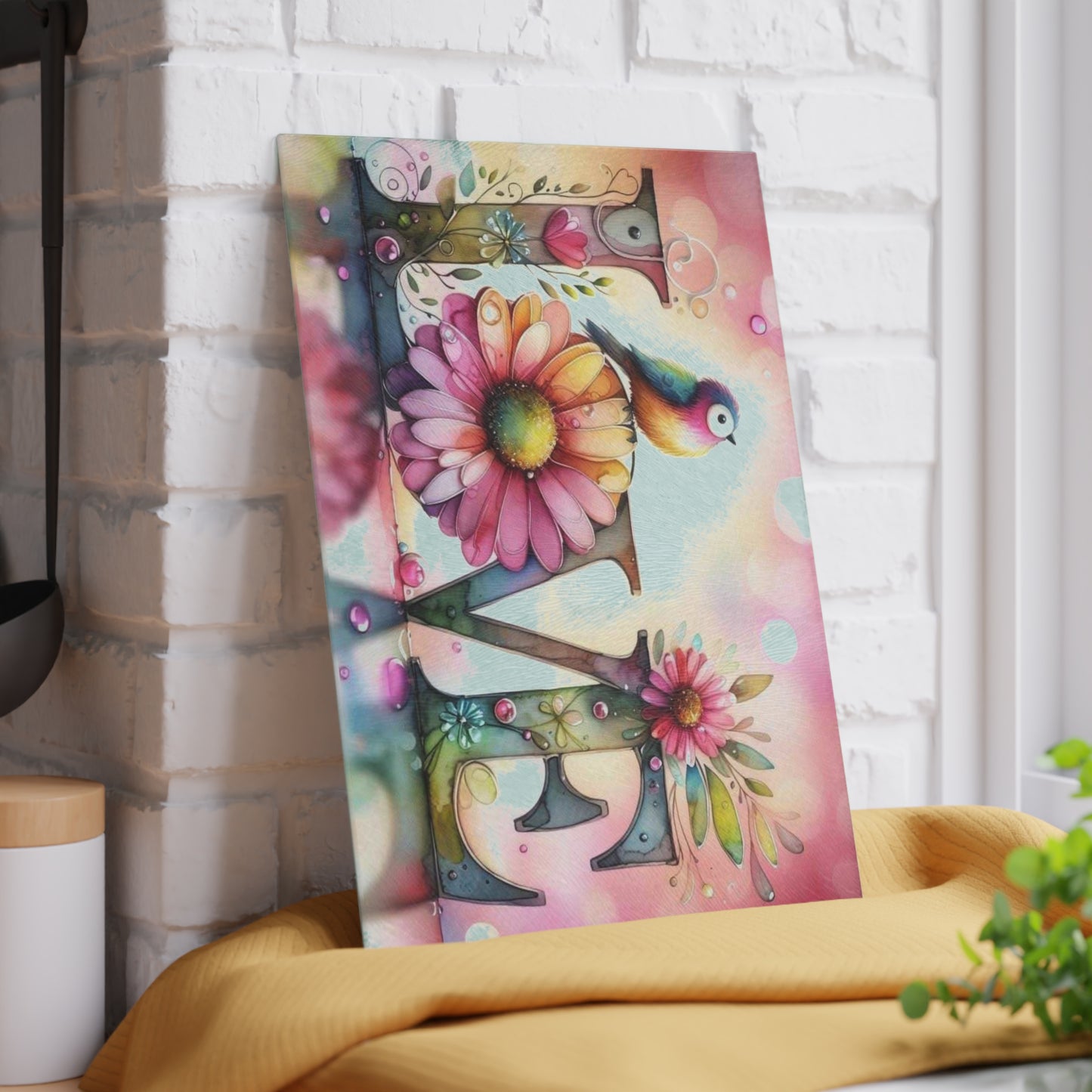 Tabla de cortar, diseño de amor con pájaros y girasoles, decoración de cocina, bandeja de vidrio para servir, regalo de inauguración de la casa, utensilio de cocina
