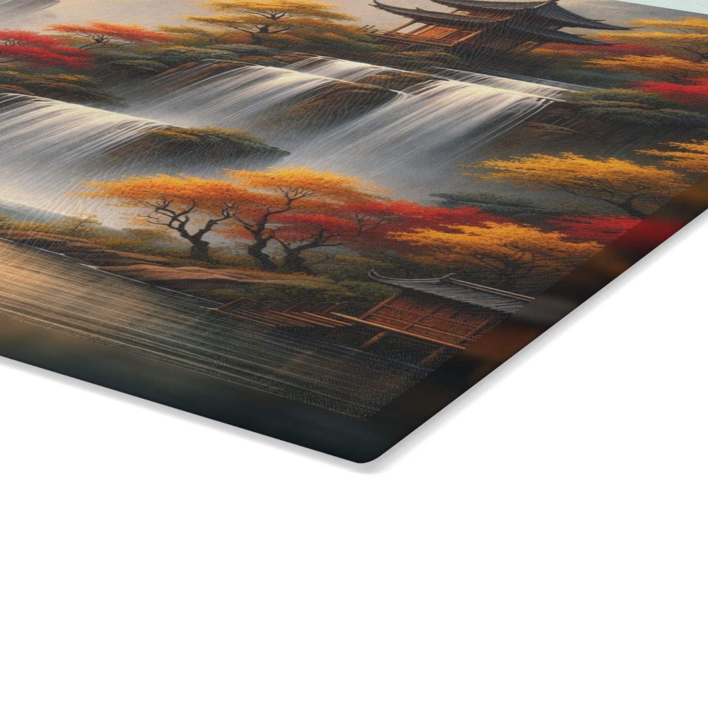 Asian Waterfall Landscape Glass Cutting Board – Serene Mountain Temple Kitchen Art