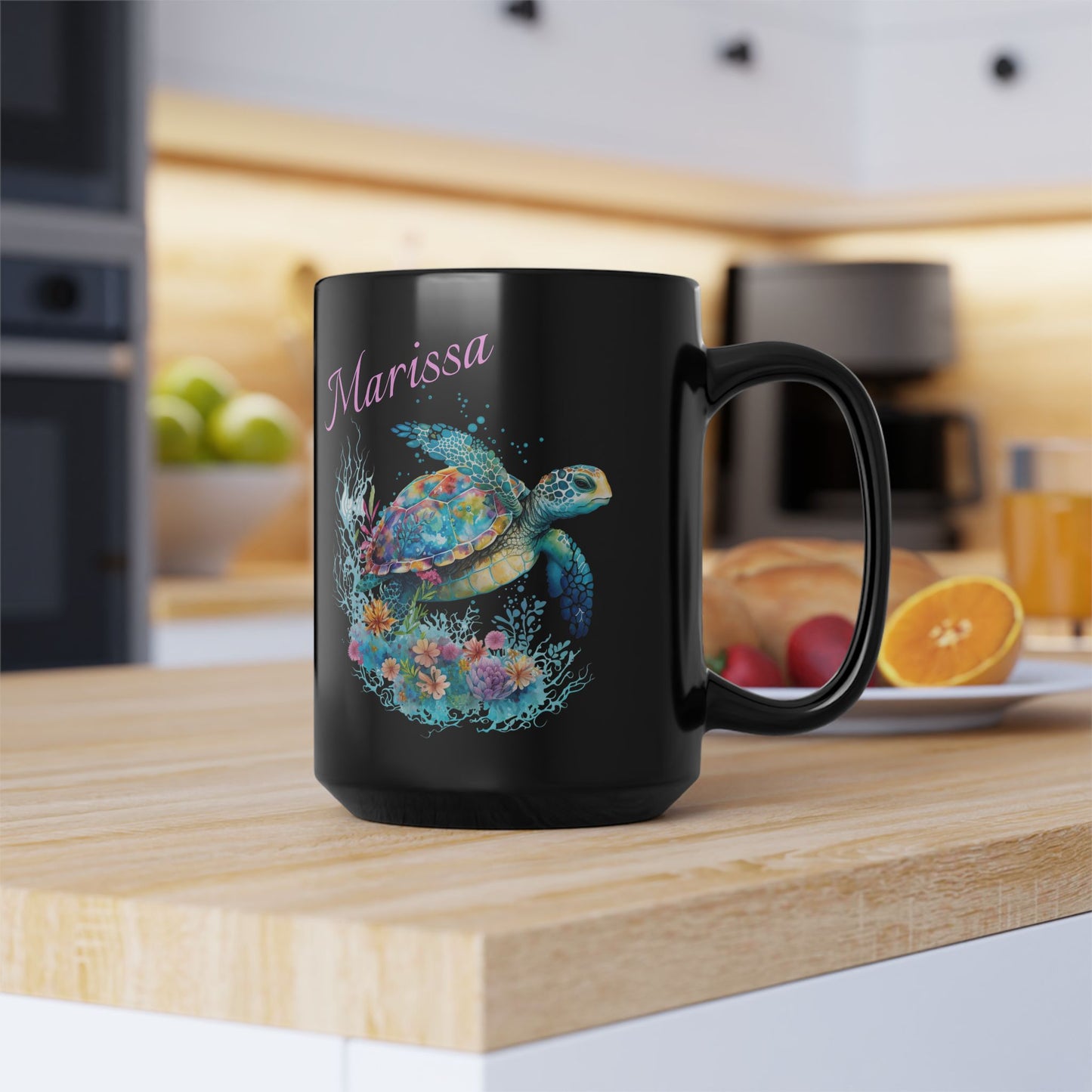 Taza de café personalizada de tortuga marina negra (15 oz) para amantes del océano, taza personalizada del océano, regalo para amantes del mar, taza de café costera, idea de regalo tropical, fanático de las tortugas marinas