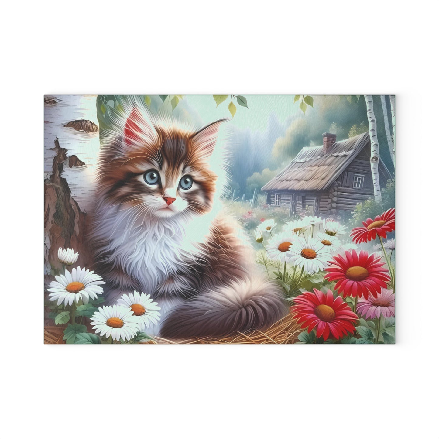 🌼 Cottage Kitten Cutting Board – Whiskered Charm in a Meadow Bloom Scene 🐱🌸