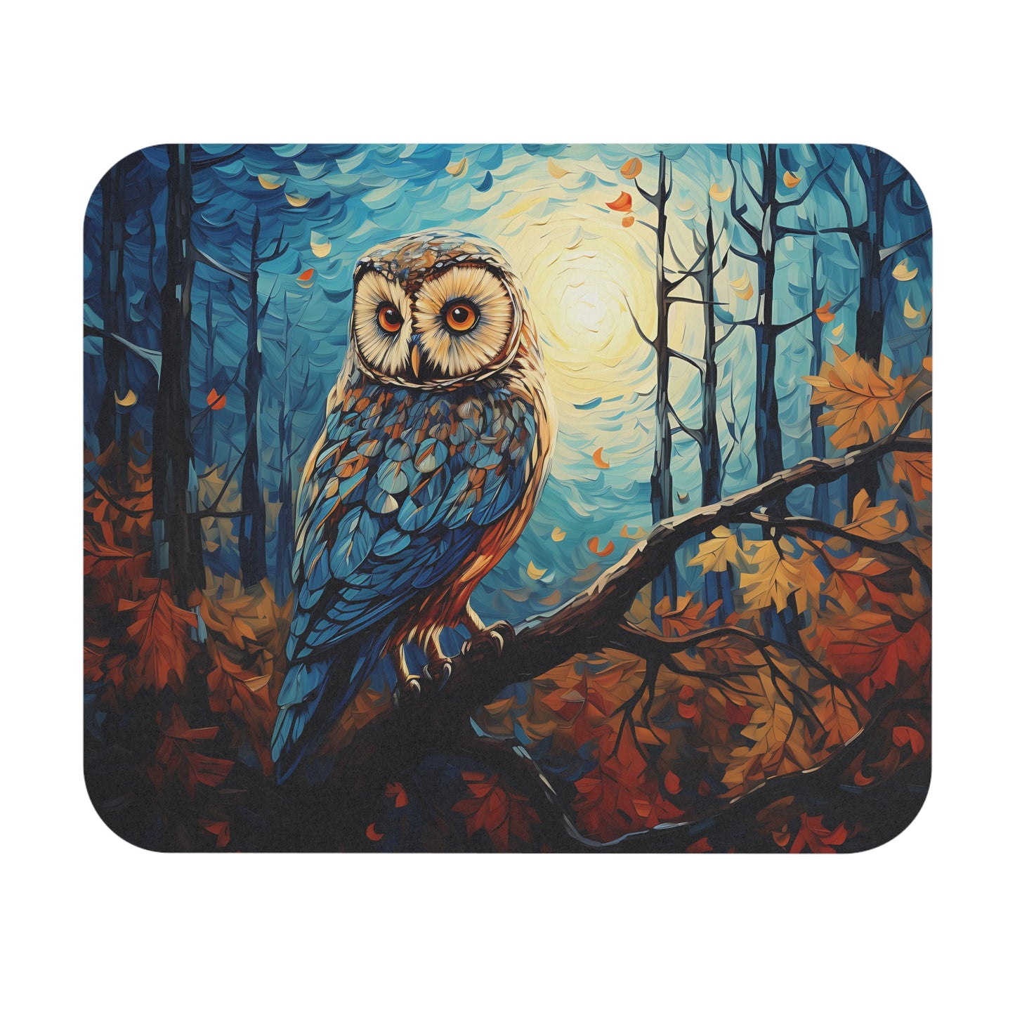 🖱️🦉🍁 Autumn Moon Owl Mouse Pad – Warm Teals, Copper Leaves & Glow