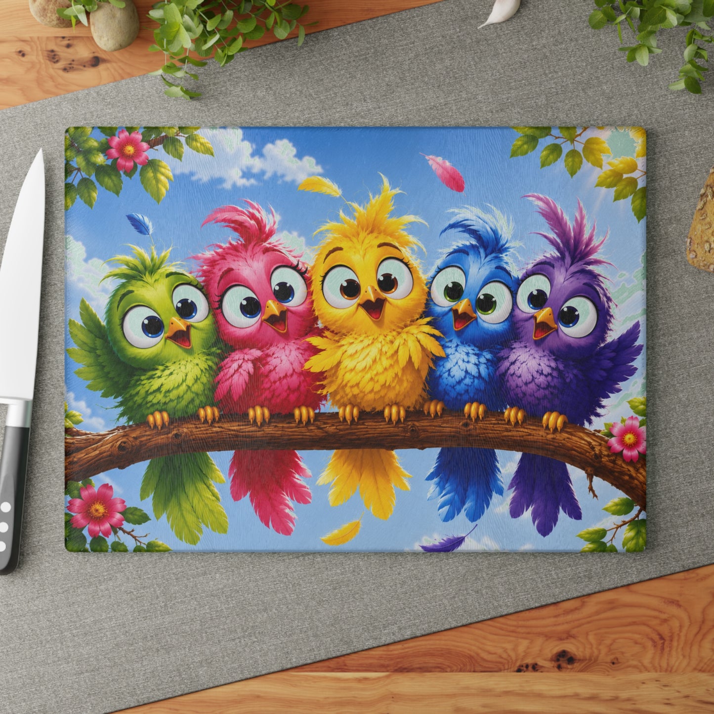Colorful Baby Birds Glass Cutting Board – Whimsical Kitchen Decor with Cute Rainbow Bird Design
