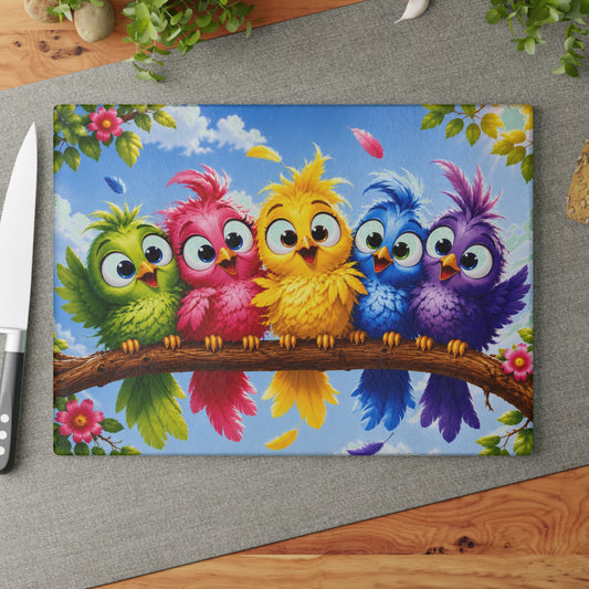 Colorful Baby Birds Glass Cutting Board – Whimsical Kitchen Decor with Cute Rainbow Bird Design