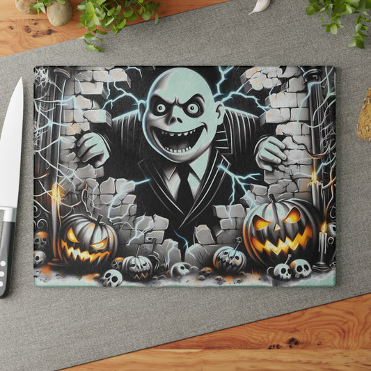 🎃 Haunting Brick Wall Villain Cutting Board – Electric Scare & Pumpkin Glow Kitchen Horror 💀⚡