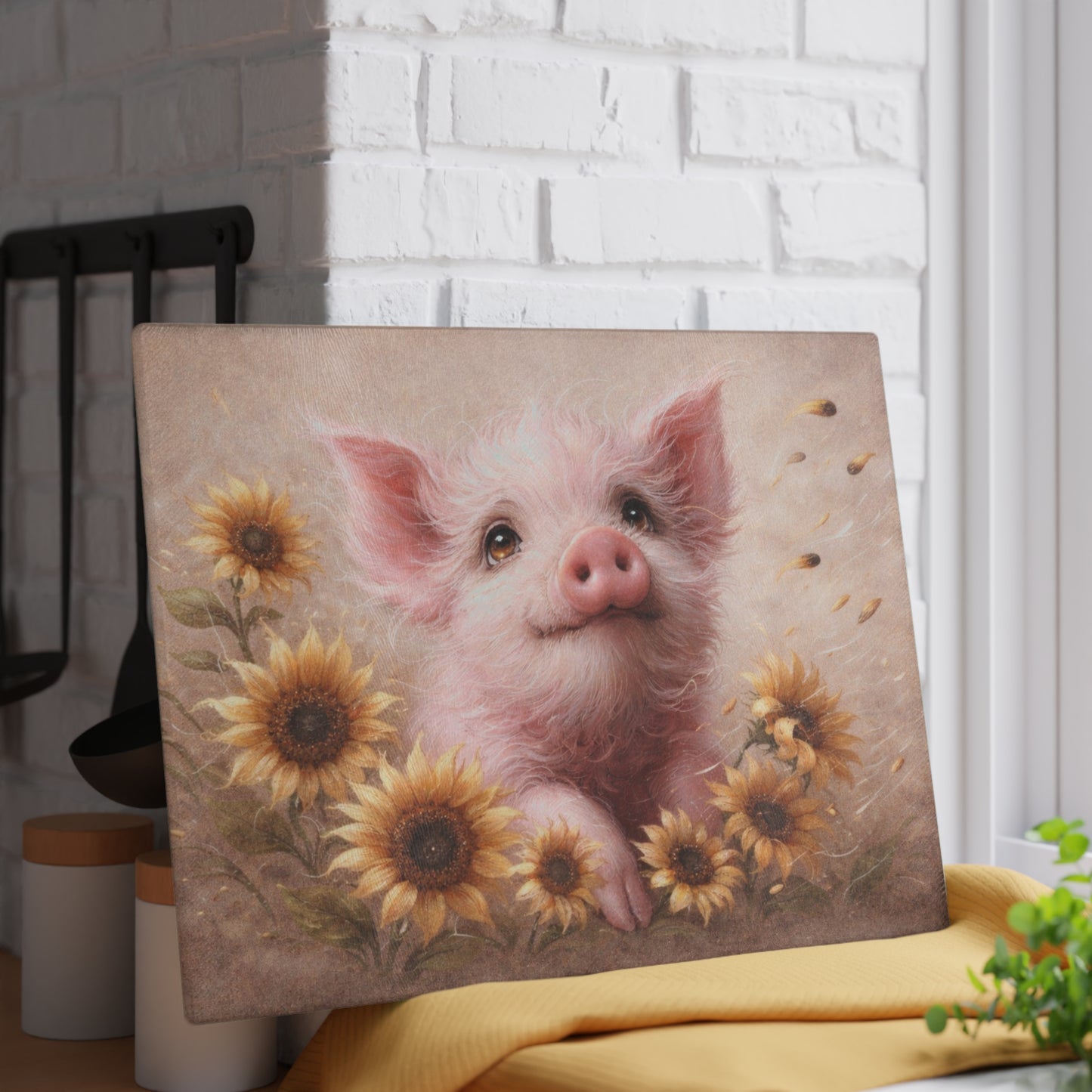 Sunflower Pig Glass Cutting Board – Cozy Farmhouse Kitchen Decor