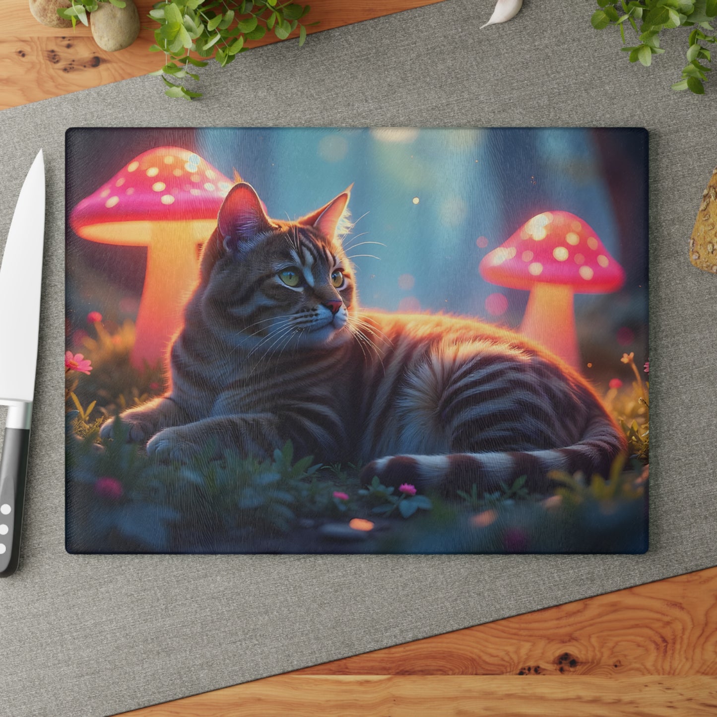 🐱🍄 Cat and Mushroom Cutting Board – Whimsical Nighttime Magic 🌌