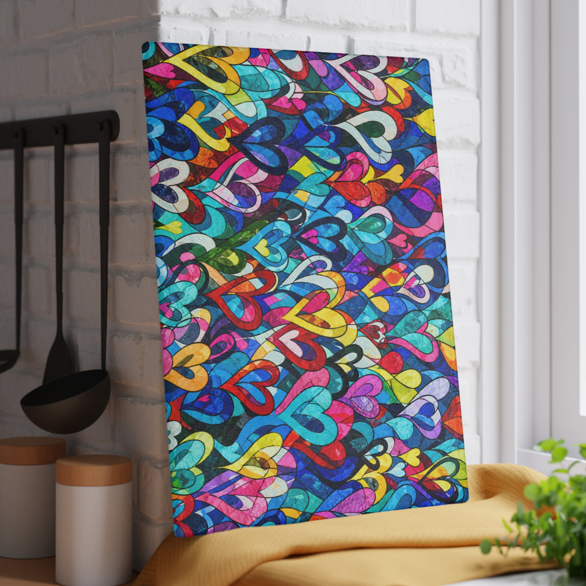 Colorful Hearts Stained-Glass-Inspired Glass Cutting Board – Rainbow Love Kitchen Decor