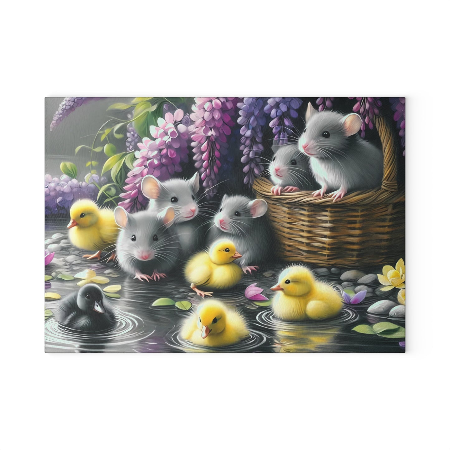 Tabla de cortar con patitos y ratones en un jardín primaveral: decoración de cocina de vidrio con un toque caprichoso