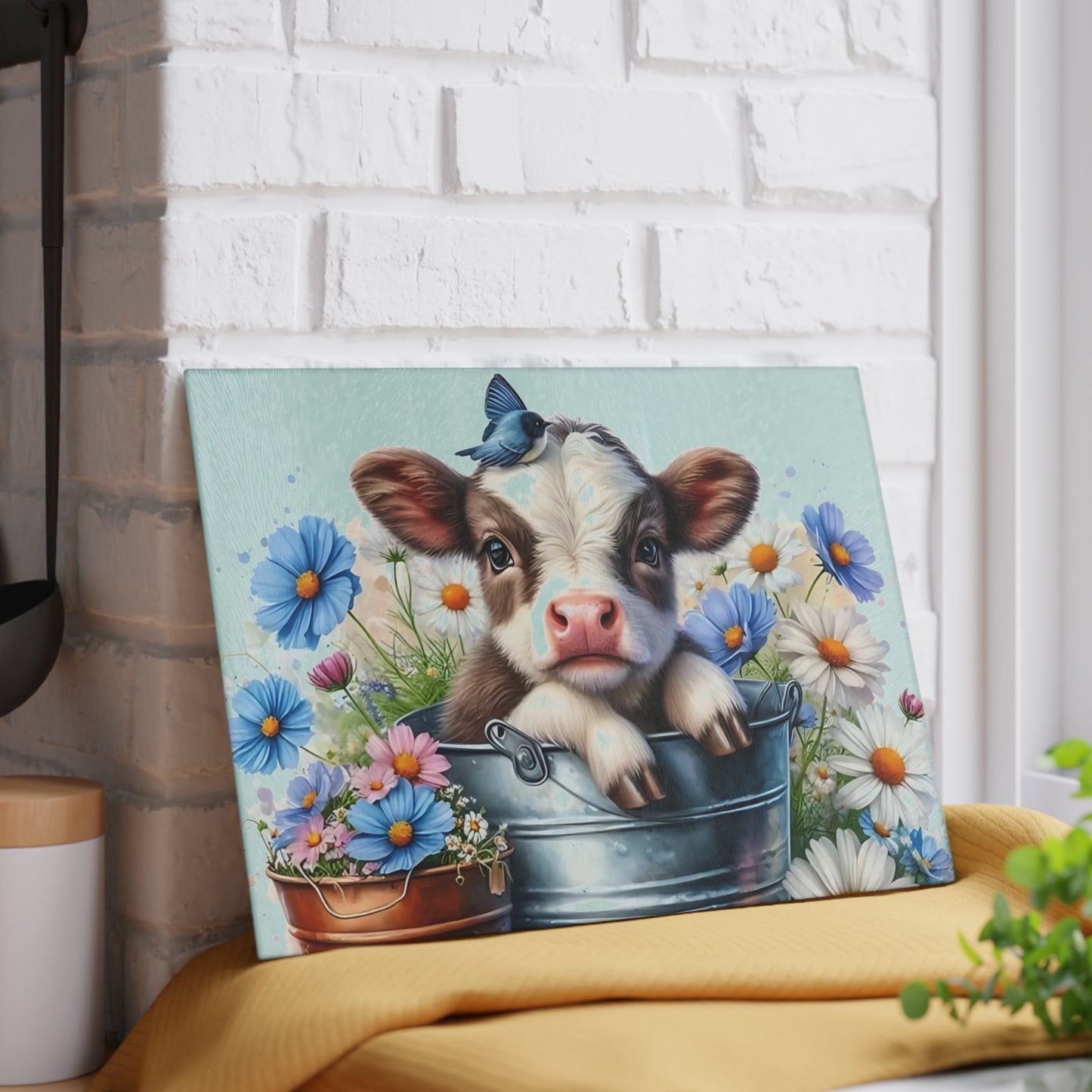 🐮 Baby Cow in Bucket with Blue Daisies Cutting Board – Farmhouse Charm for Your Kitchen 🌼