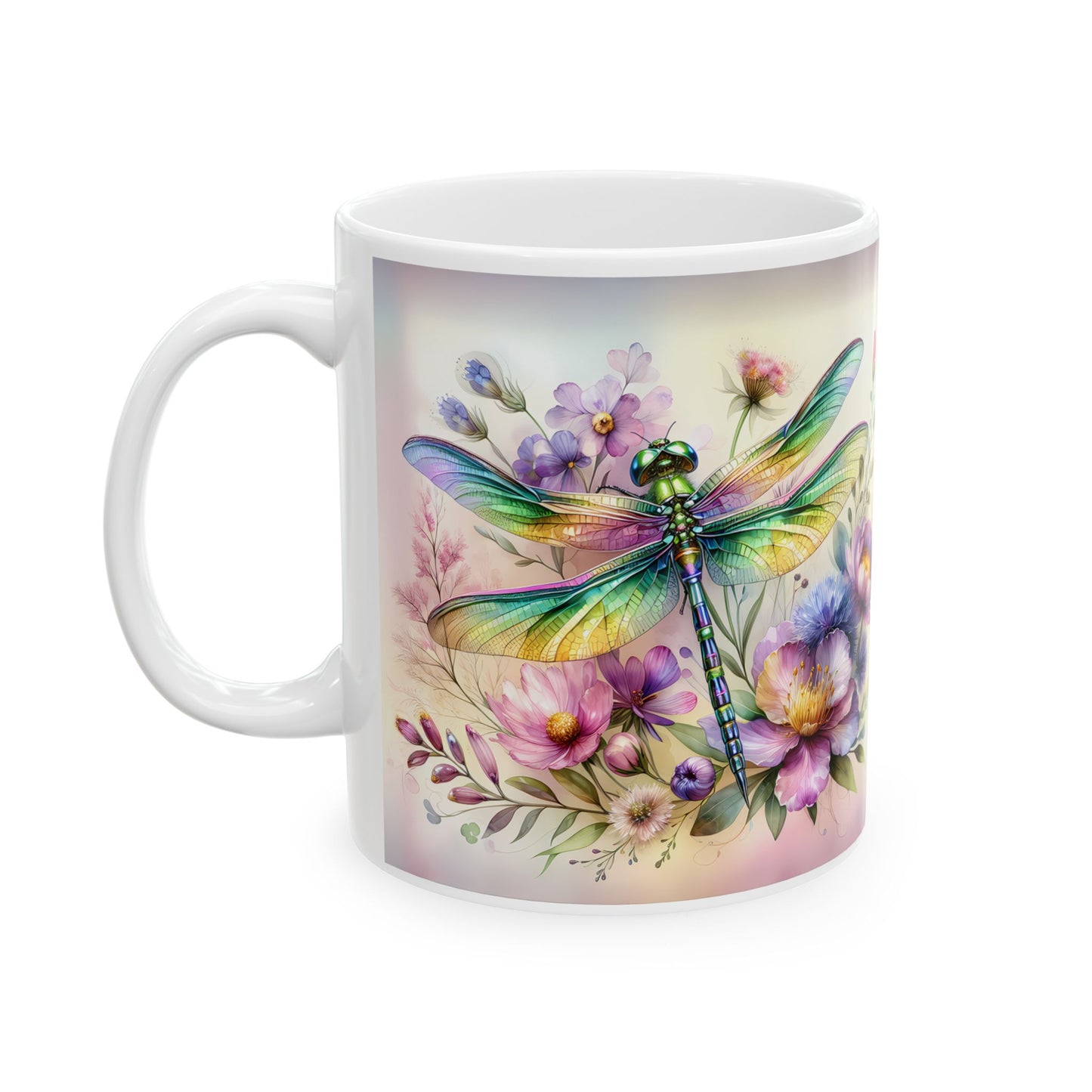 Libélula arcoíris y jardín de flores silvestres: envoltorio floral para tazas para amantes de la naturaleza ☕