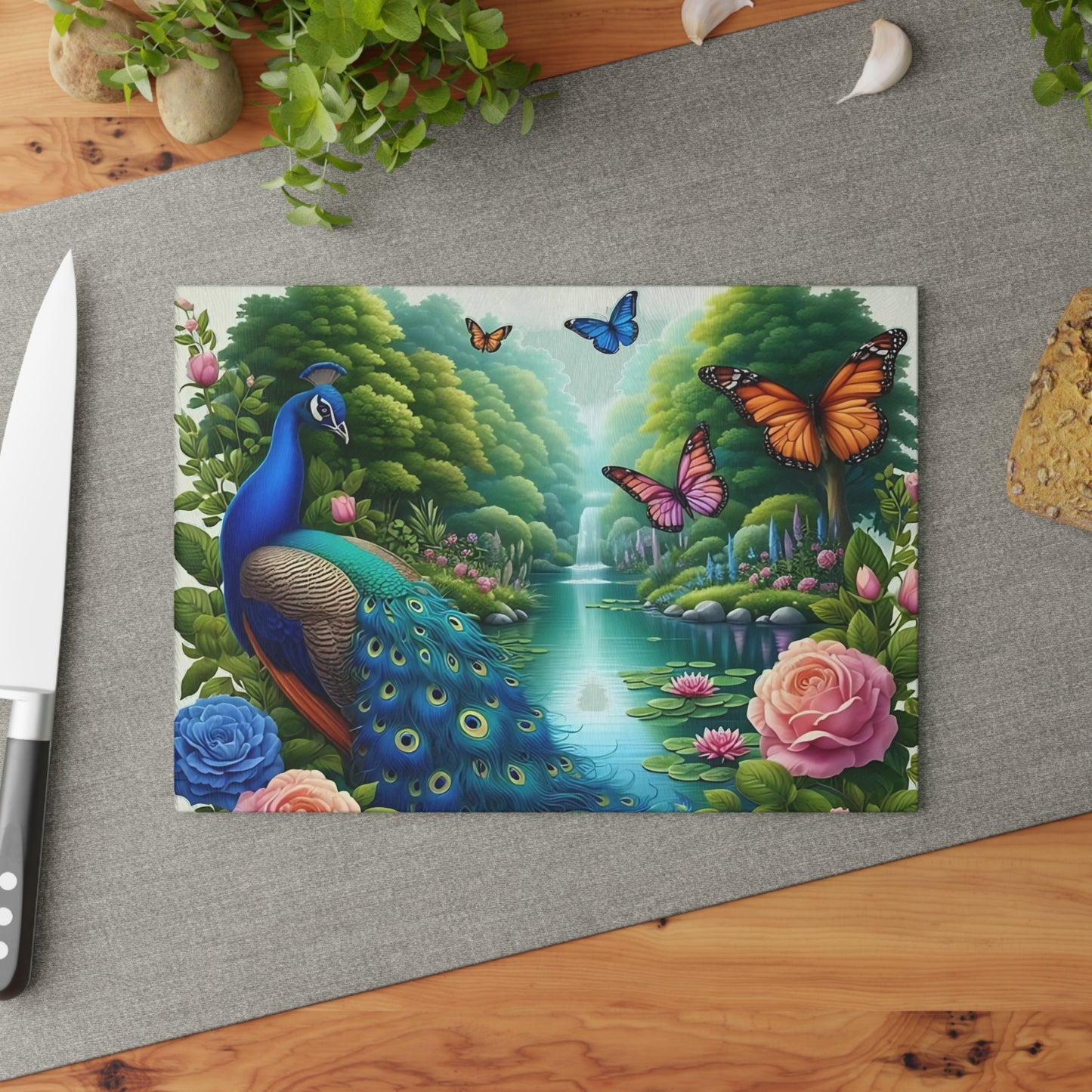 Peacock decor, butterfly decor, cutting board, kitchen decor, kitchen art, serving board, peacock gift, butterfly gift, floral cutting board