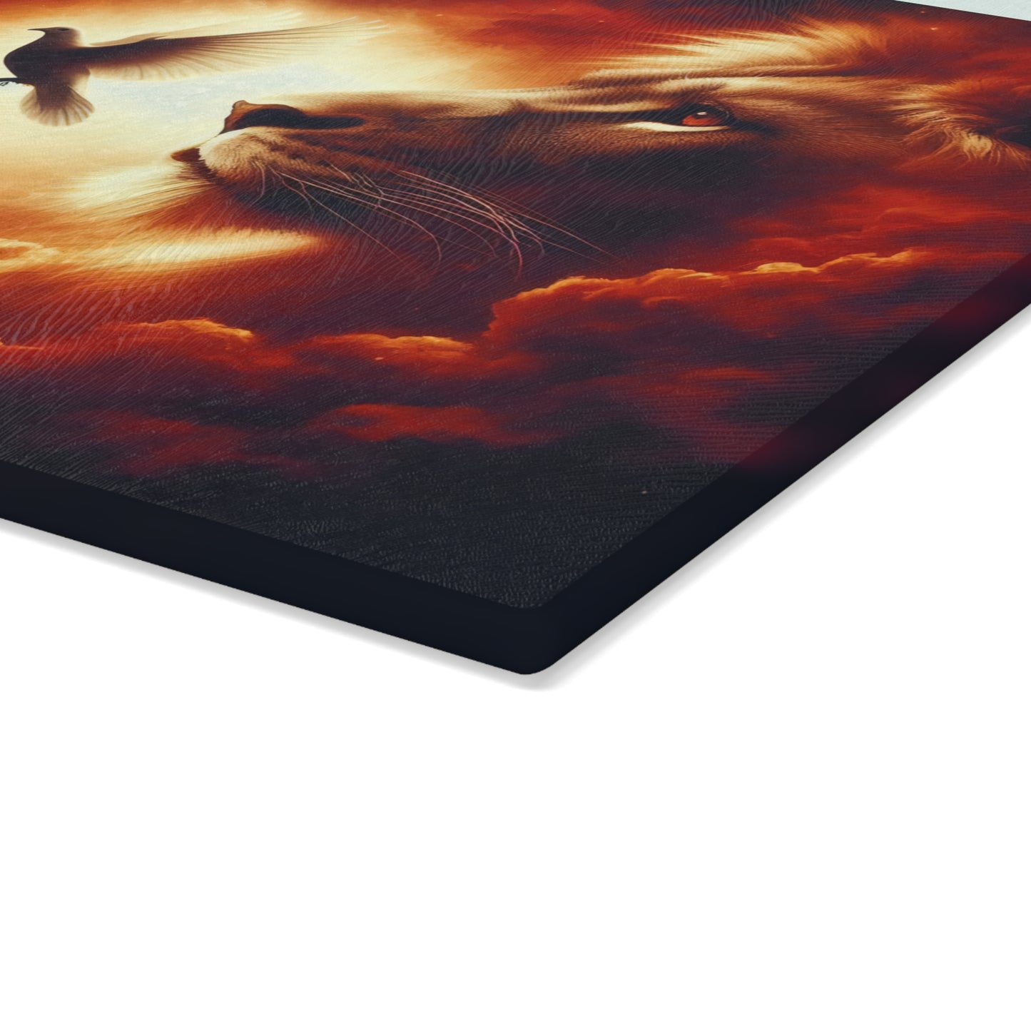 Sacred Light Glass Cutting Board – Faith-Inspired Lion, Dove & Cross Artwork Kitchen Display