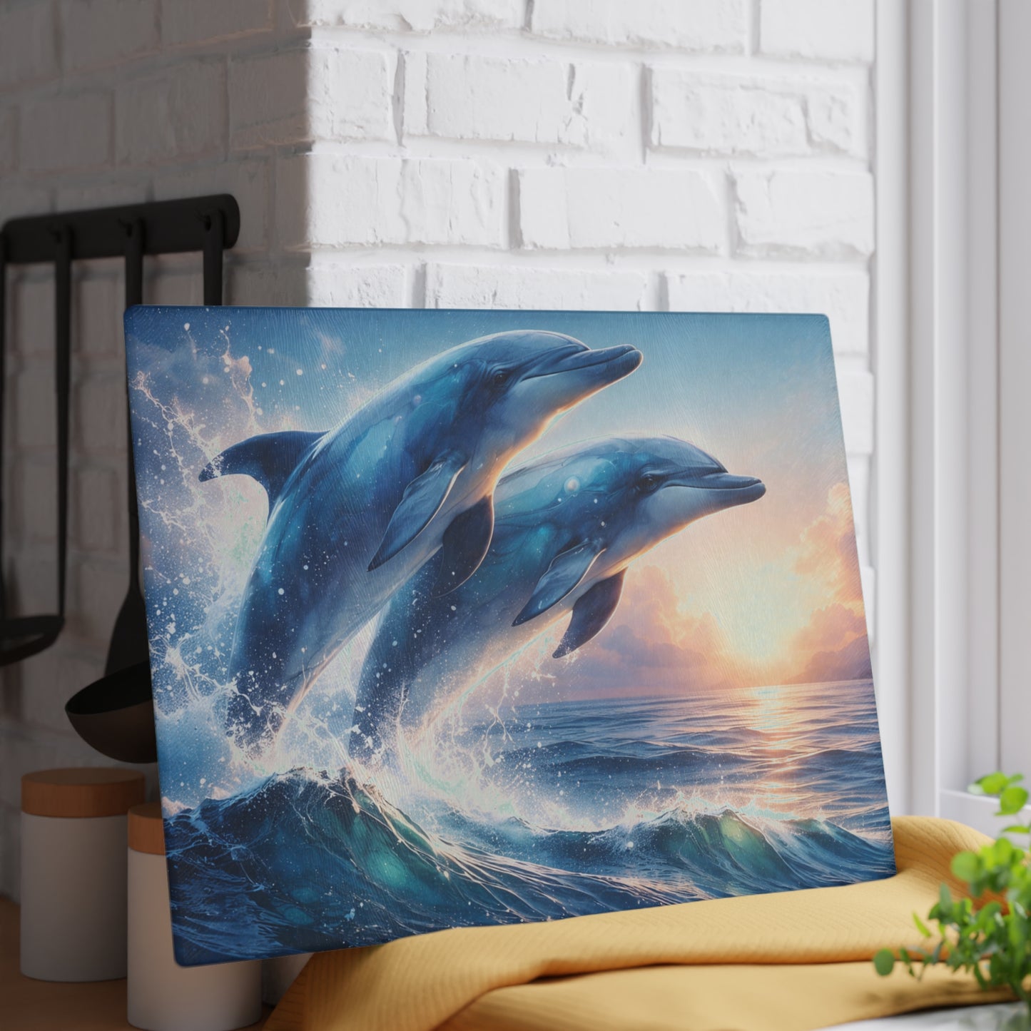 Dolphin Duo Glass Cutting Board – Ocean-Inspired Artwork of Two Playful Dolphins