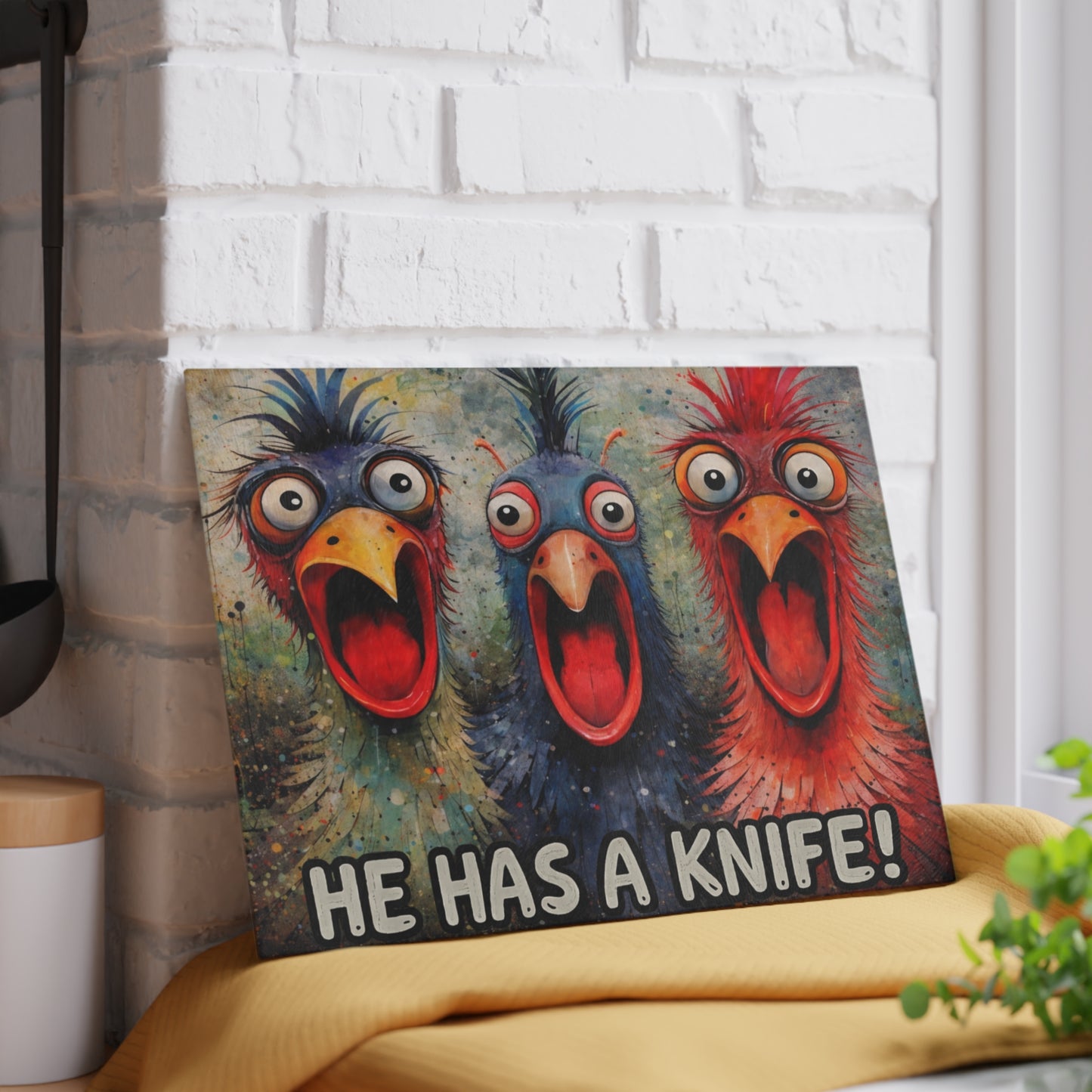 He Has a Knife! Glass Cutting Board – Funny Chicken Farm Kitchen Decor