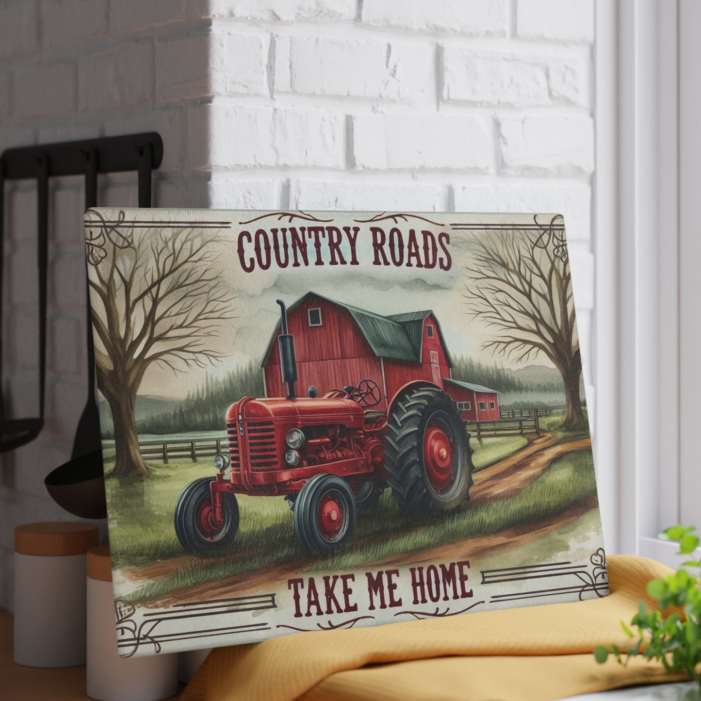 🚜🌾 Country Roads Tractor Glass Cutting Board – Rustic Farmhouse Charm for Your Kitchen 🌾🚜