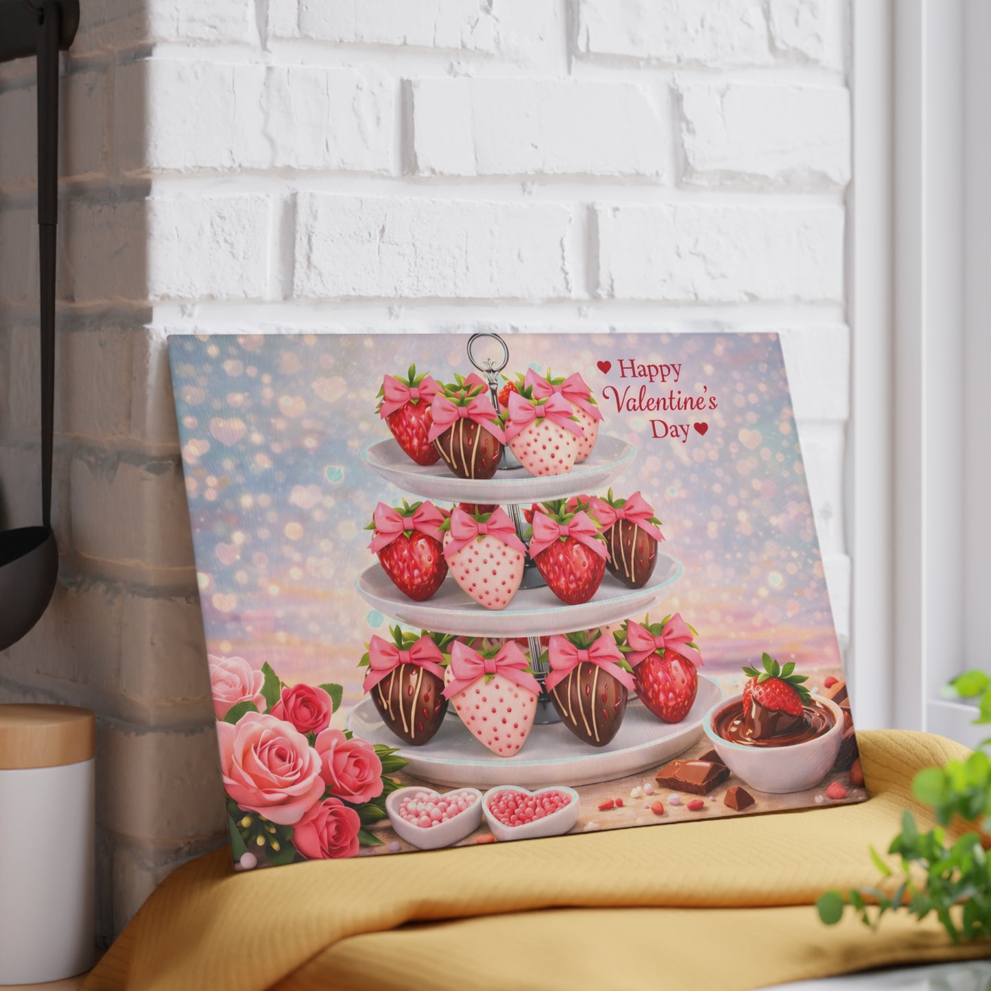 Chocolate-Covered Strawberry Valentine Glass Cutting Board – Romantic Dessert Display & Kitchen Accent