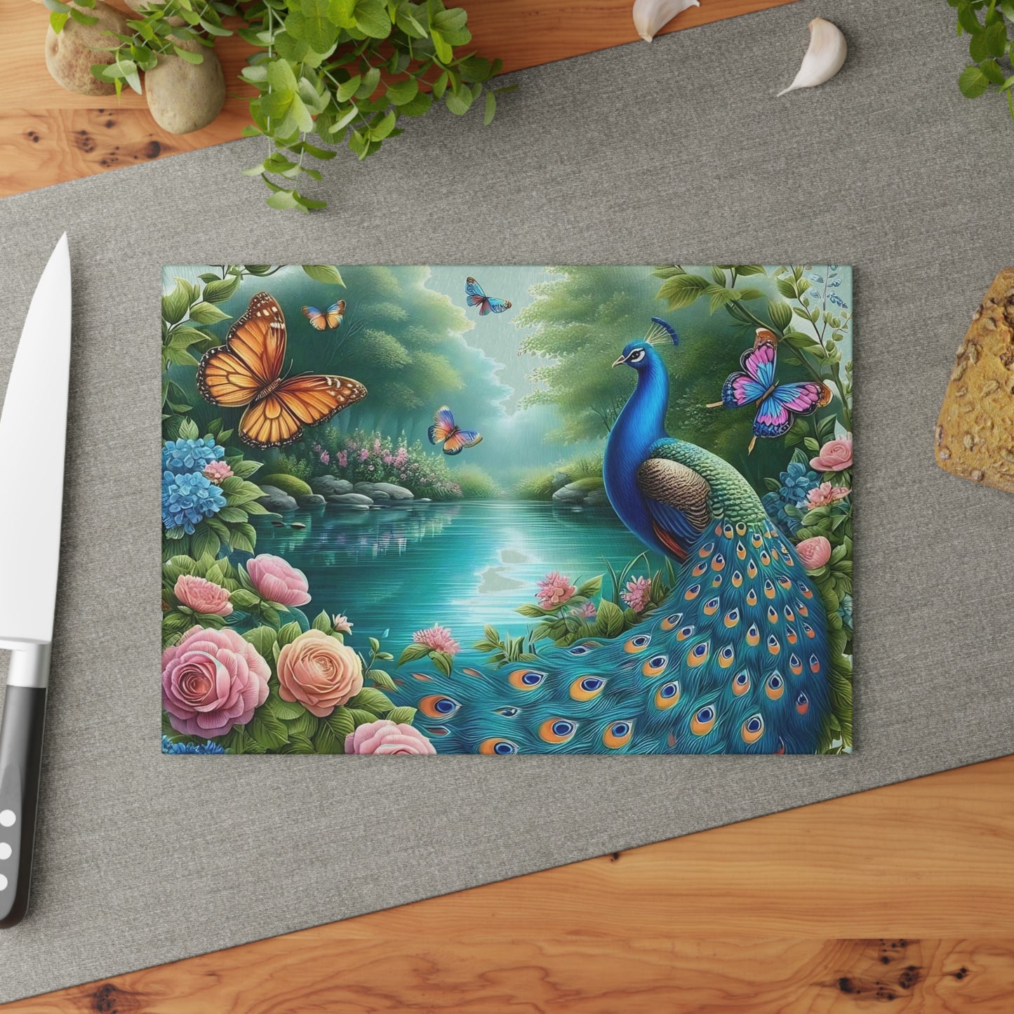 Peacock decor, butterfly decor, cutting board, kitchen decor, kitchen art, serving board, peacock gift, butterfly gift, floral cutting board