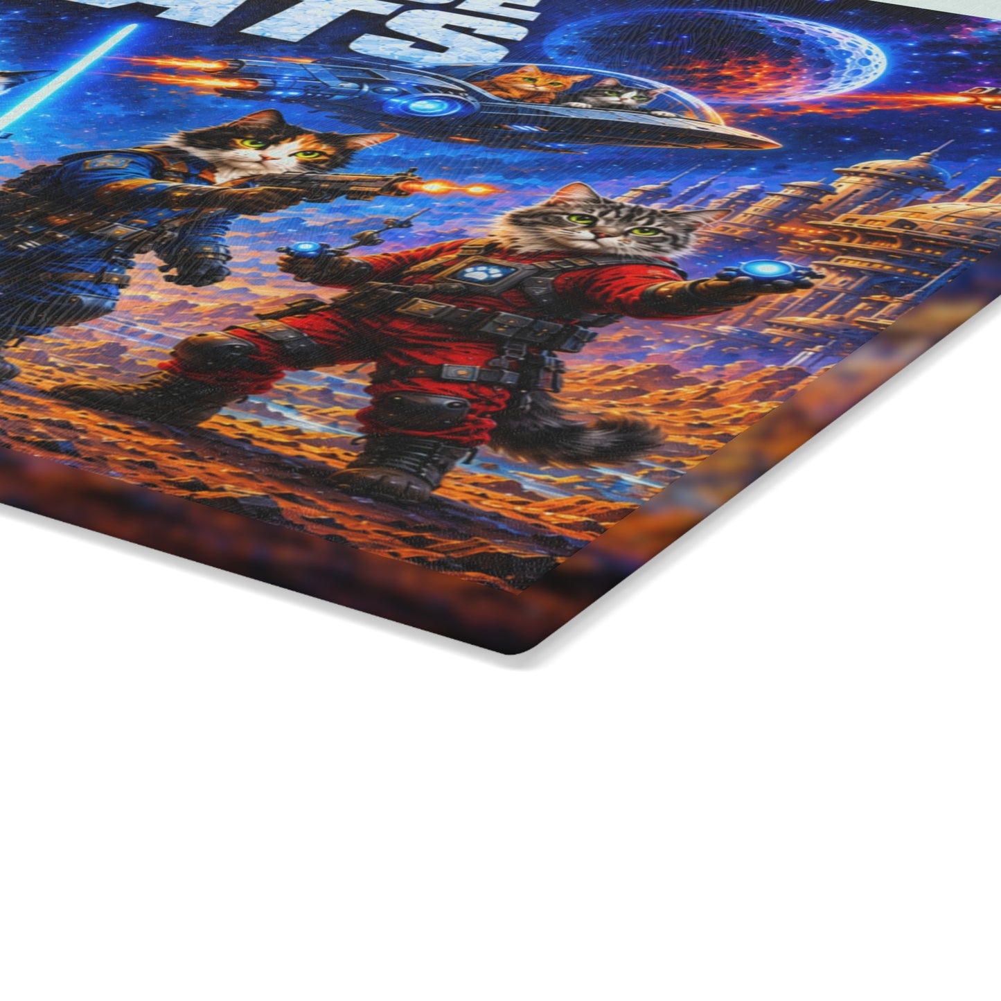 Space Cats Glass Cutting Board – Colorful Cosmic Cat Adventure Artwork
