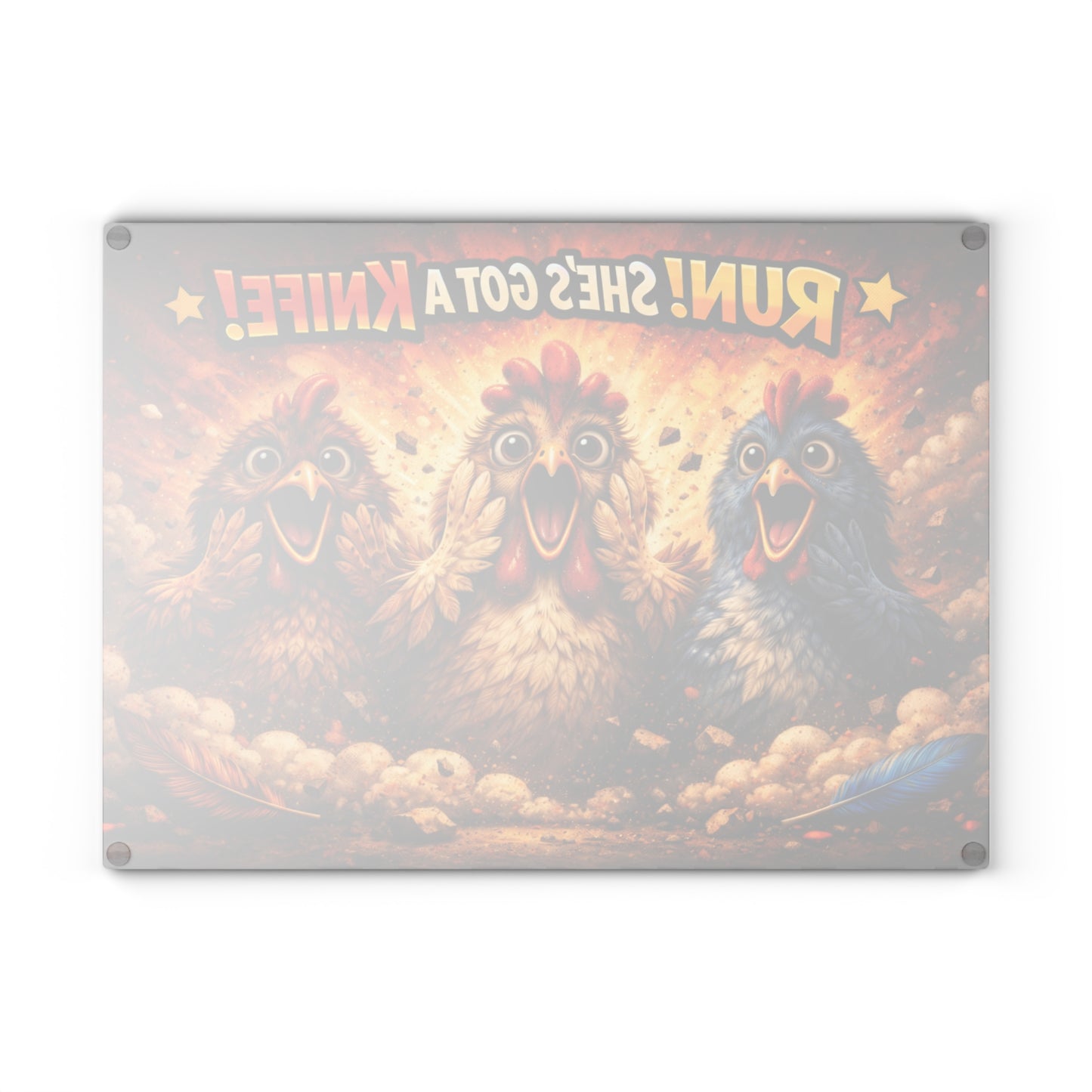 RUN! She’s Got a Knife Glass Cutting Board – Explosive Farmhouse Chicken