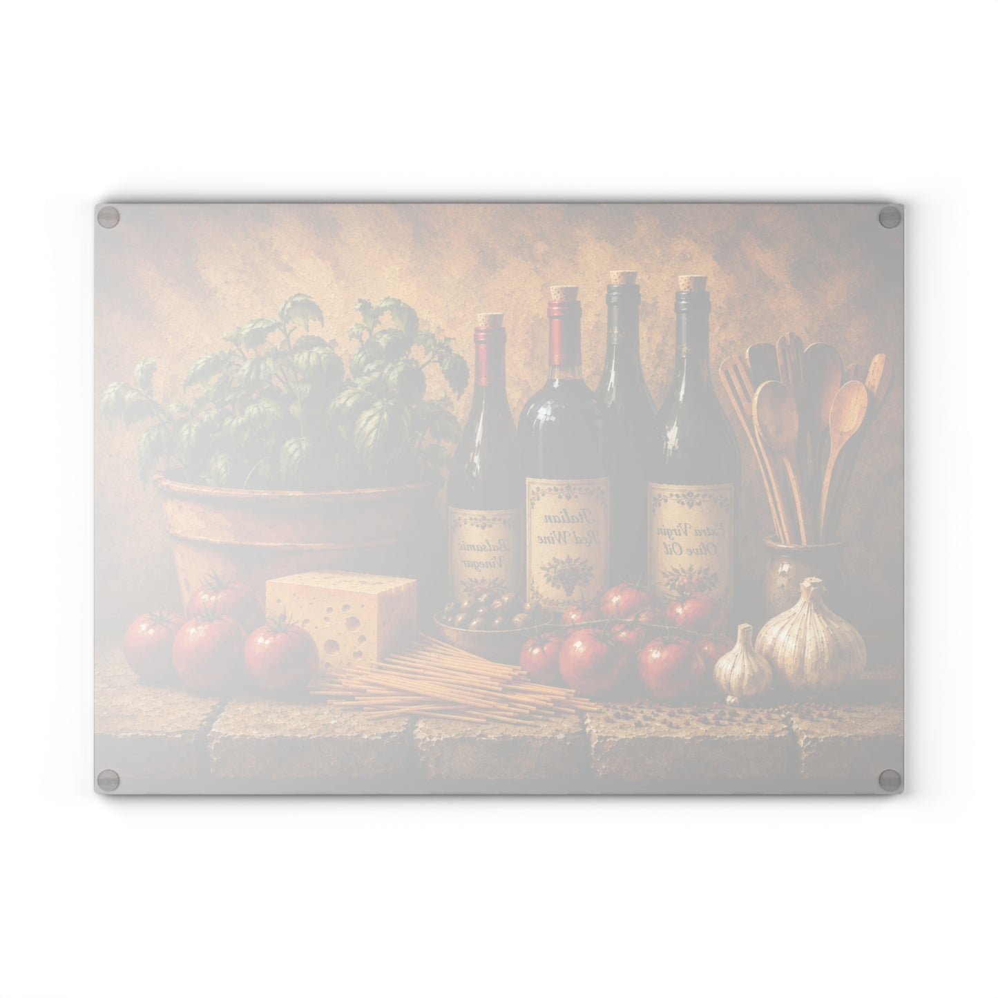 Tuscan Italian Kitchen Glass Cutting Board – Olive Oil, Red Wine, Balsamic Vinegar, Basil & Tomato Decor