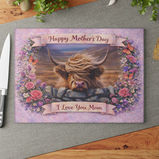 Mother’s Day Highland Cow Floral Glass Cutting Board – Soft Country Artwork with Butterflies
