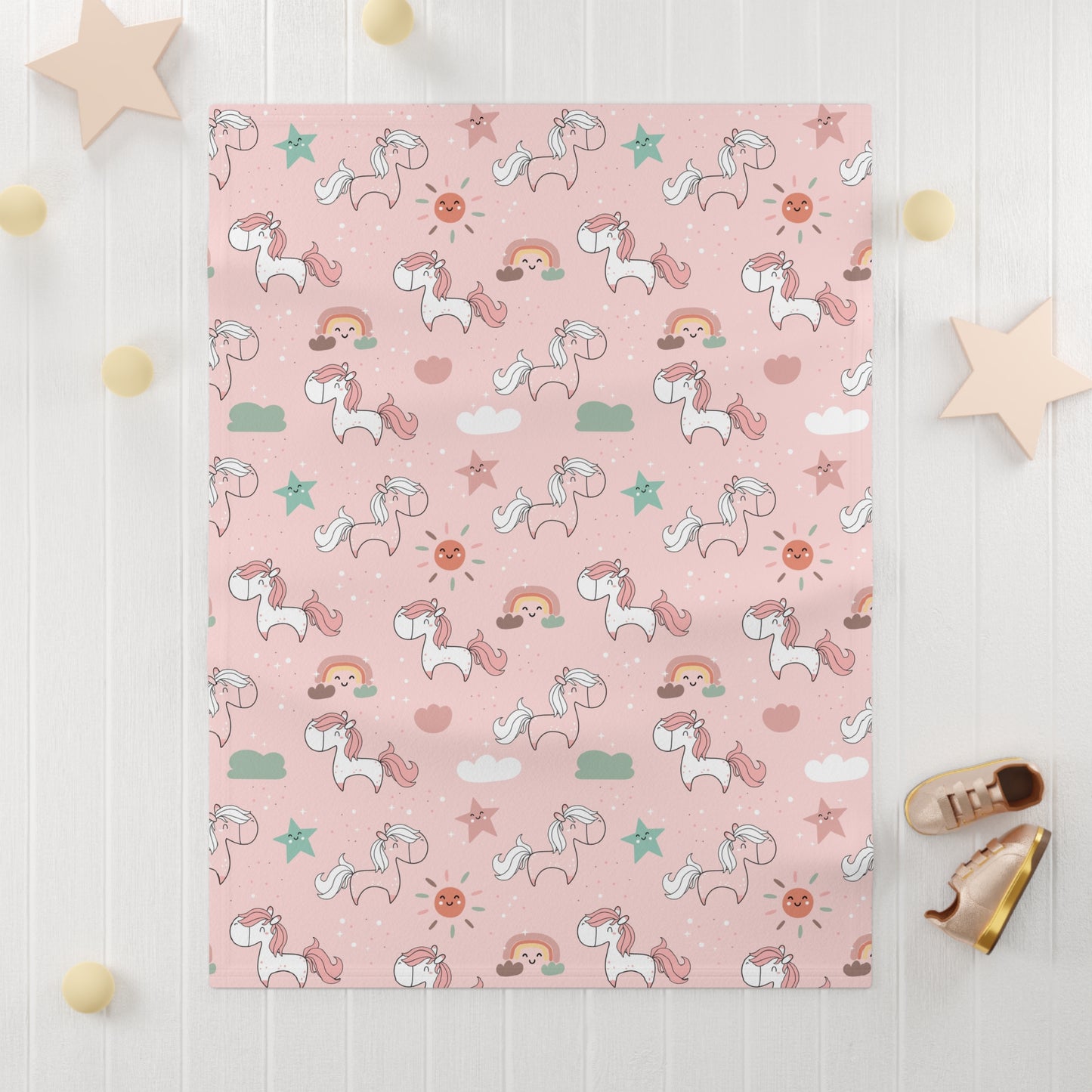 Pink Ponies & Rainbows Baby Blanket – Ultra-Soft Fleece 30″×40″ | Sweet Stars & Smiles