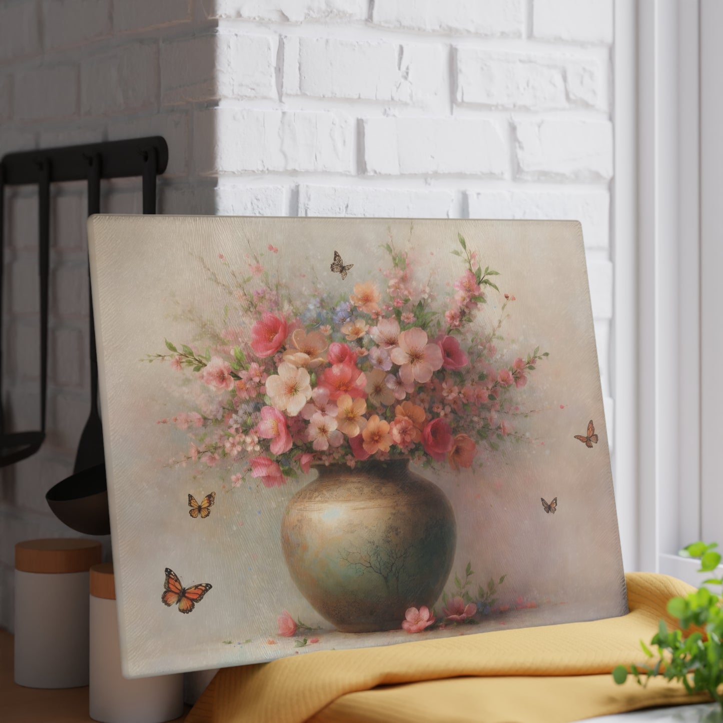 Blossoming Floral Vase with Butterflies Glass Cutting Board – Elegant Botanical Kitchen Art