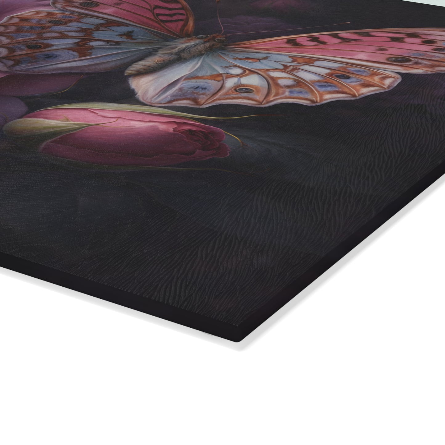 Pink Rose & Butterfly Glass Cutting Board – Elegant Dark Floral Nature Kitchen Décor