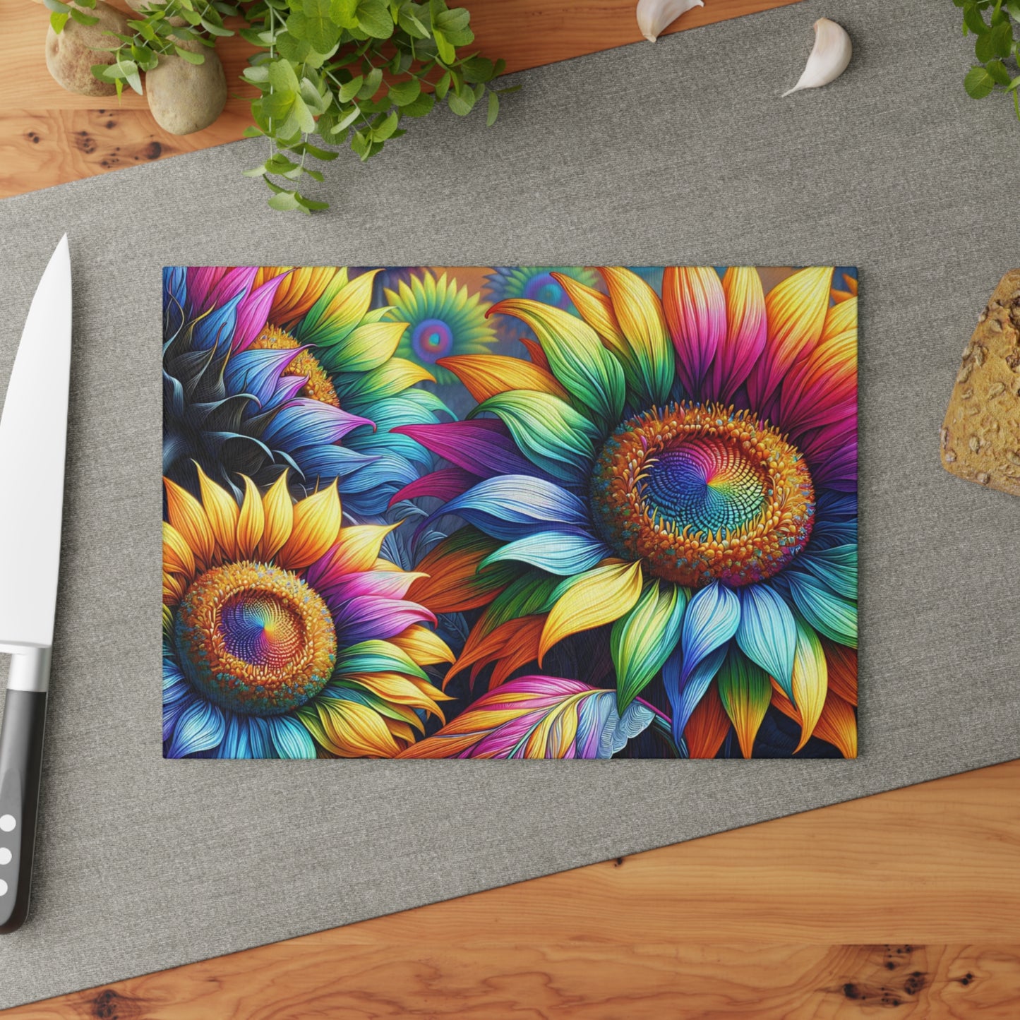 Rainbow Sunflower Glass Cutting Board – Colorful Farmhouse Kitchen Decor