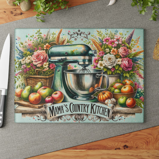 🍎 Mama’s Country Kitchen Cutting Board – Vintage Mixer Charm with Floral Country Flair