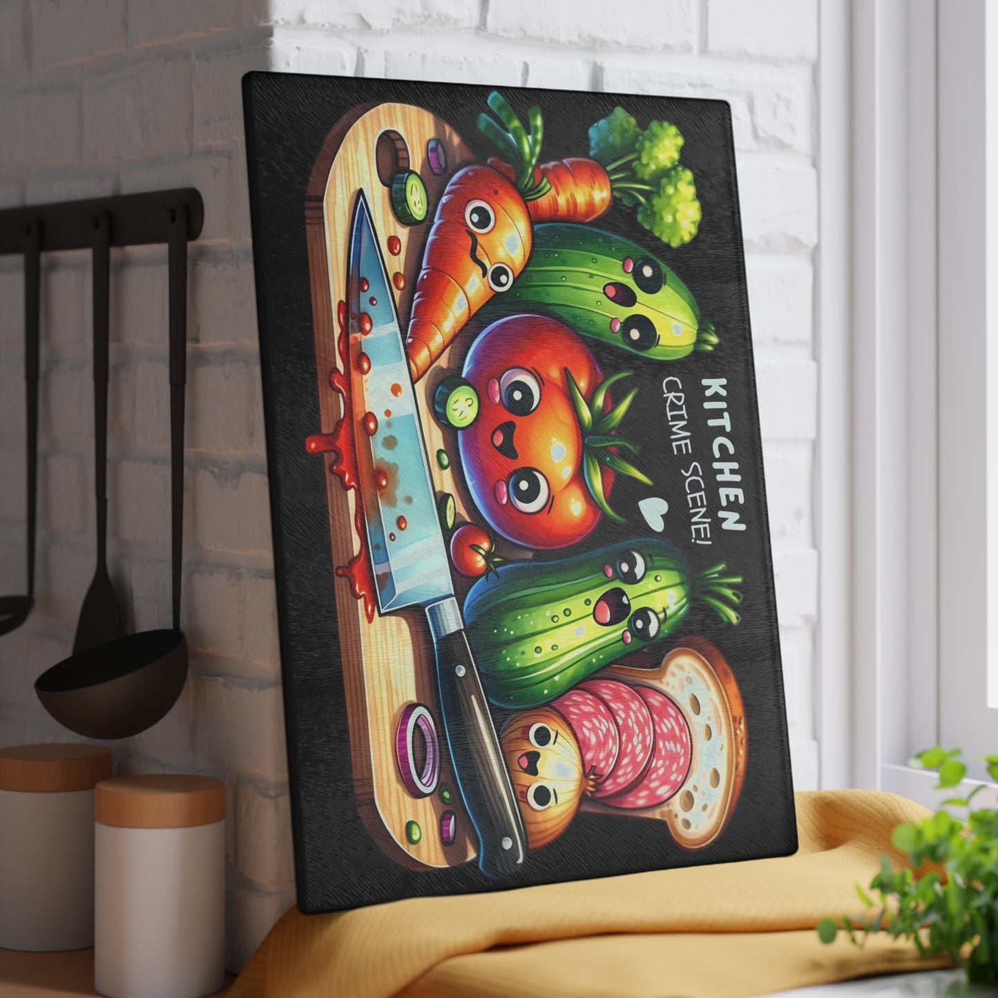 Tabla de cortar de vidrio con temática de escena del crimen en la cocina: verduras, pan y salami que gritan, decoración divertida para la cocina
