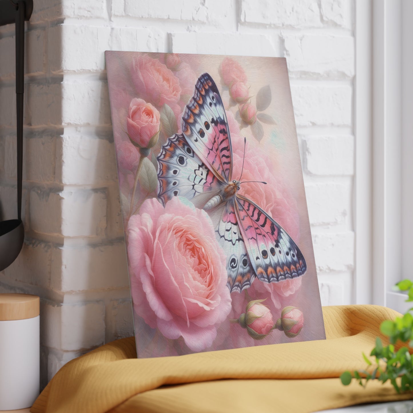 Pink Butterfly & Rose Garden Glass Cutting Board – Elegant Floral Nature Kitchen Décor