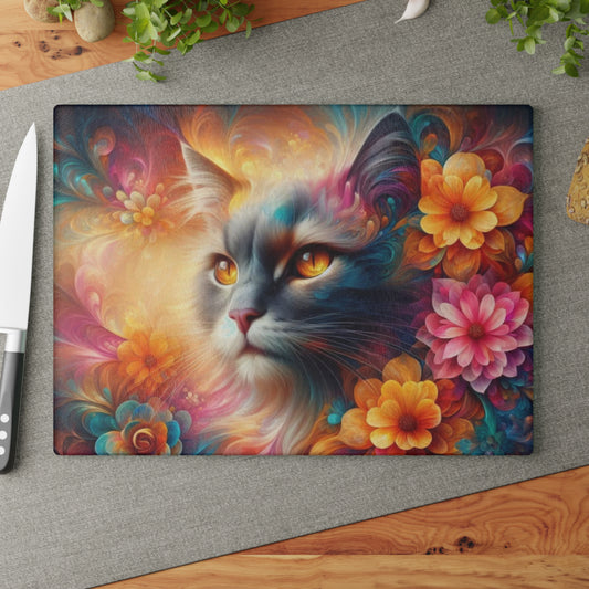 Tabla de cortar con diseño de gato colorido y flores: un encanto caprichoso para los amantes de los gatos