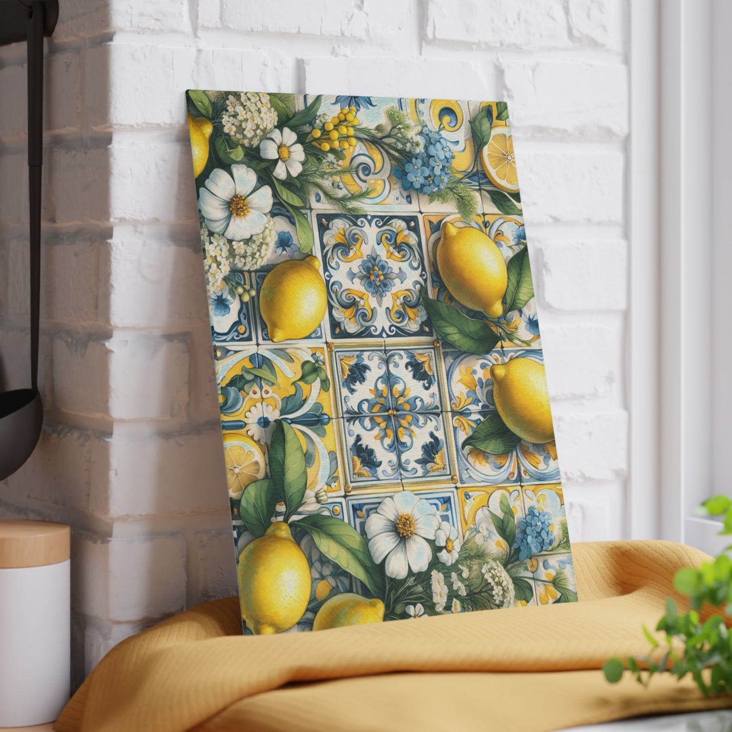 🍋🌼 Lemon Tile Floral Cutting Board – Mediterranean Charm for Your Kitchen 🌸🍋