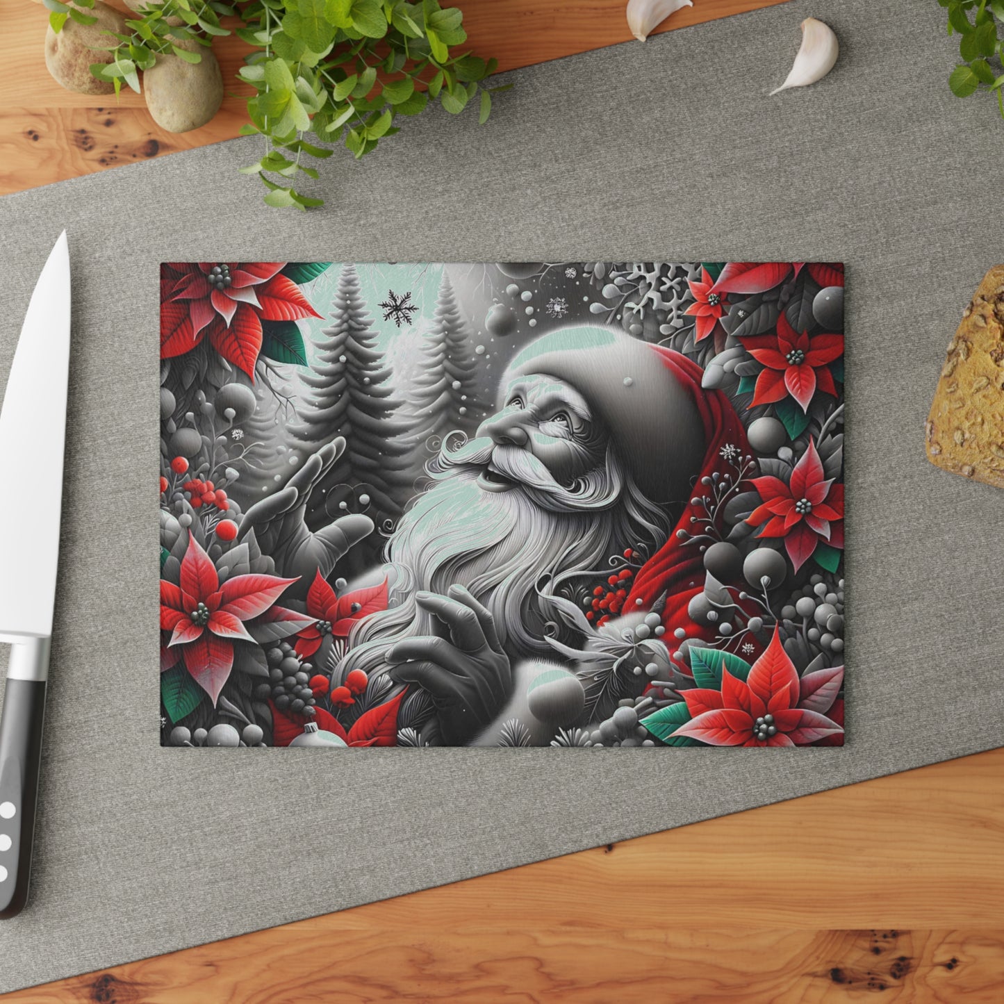 🎅❄️ “Midnight Snow Santa” Glass Cutting Board – Festive Glow for Your Kitchen