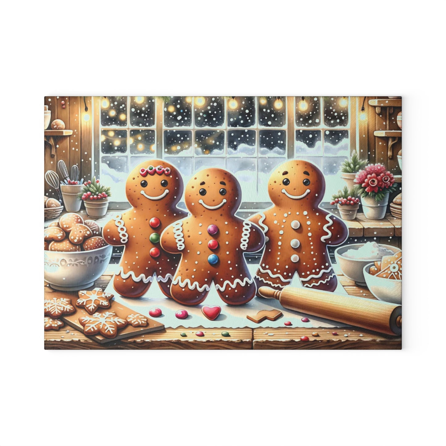 🍪❄️ “Gingerbread Bake Squad” Glass Cutting Board – Cozy Holiday Cheer for Your Kitchen