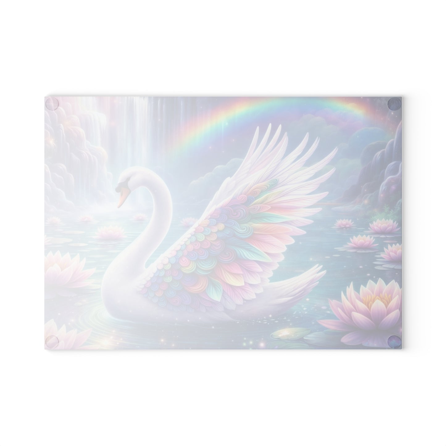 Rainbow Swan Fantasy Glass Cutting Board – Dreamy Water Garden Kitchen Art