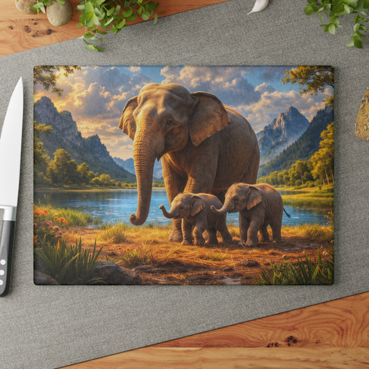 Mother Elephant with Calves Glass Cutting Board – Peaceful Wildlife Family Kitchen Art